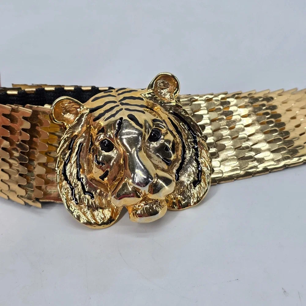 Vintage Tiger Belt Gold Tone Metal Accessory Accent Scale Stretch 90s Glam Retro